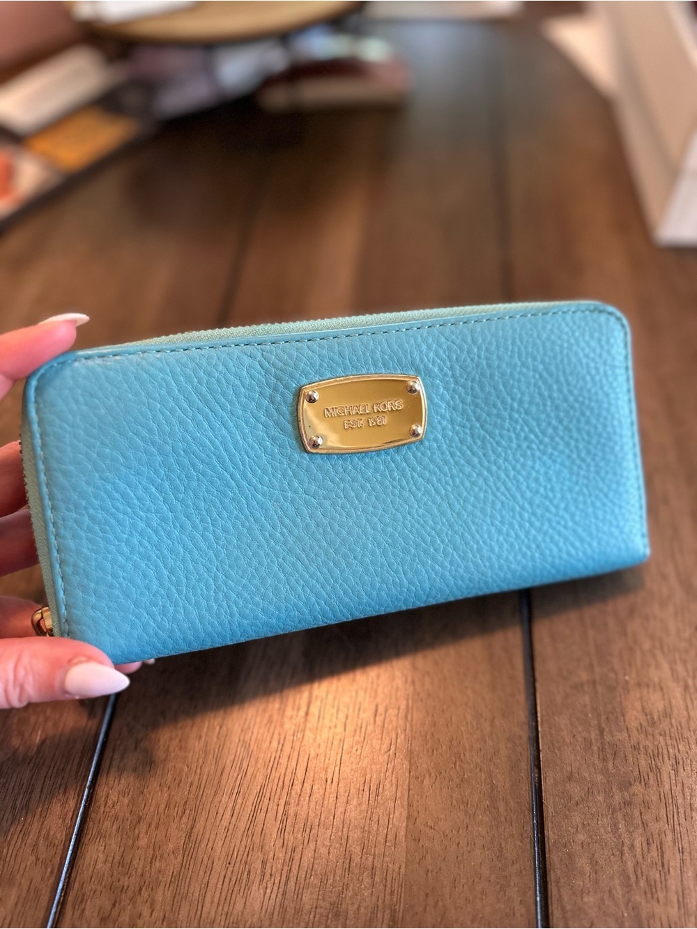 Michael Kors Aquamarine Pebbled Leather Zip Around Wallet with Gold Plaque